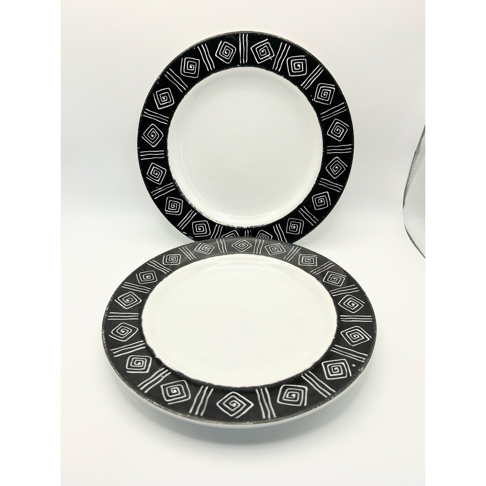 Sakura Set 2 Black White Geometric Spiral 8" Salad Dessert Plates